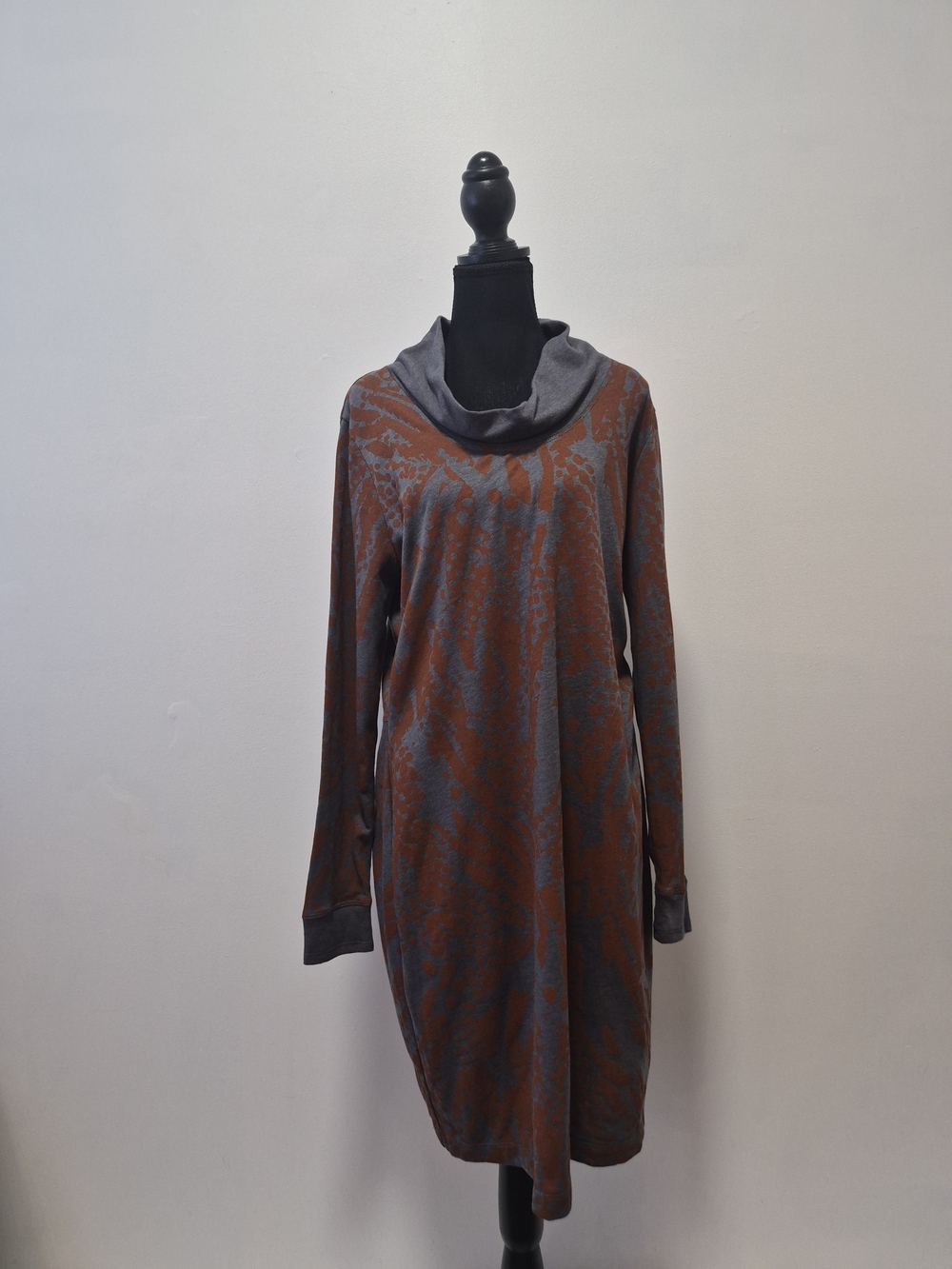 Sandwich Cowl-Neck Long Sleeve Dress in Rust and Gray